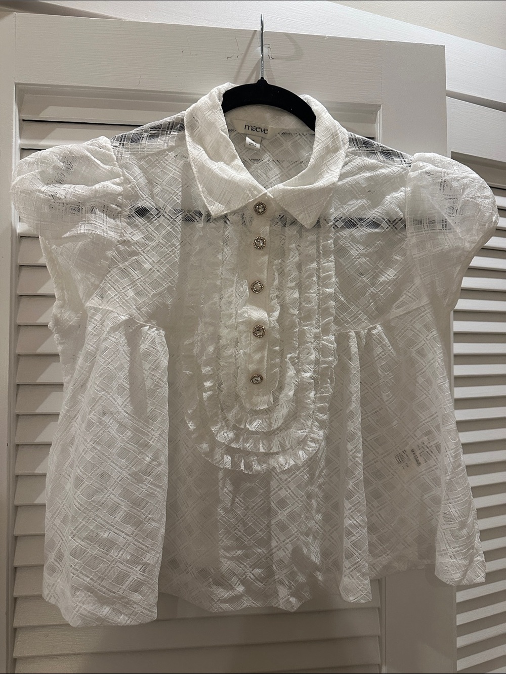 Maeve White Textured Ruffle Bib Button-Front Blouse